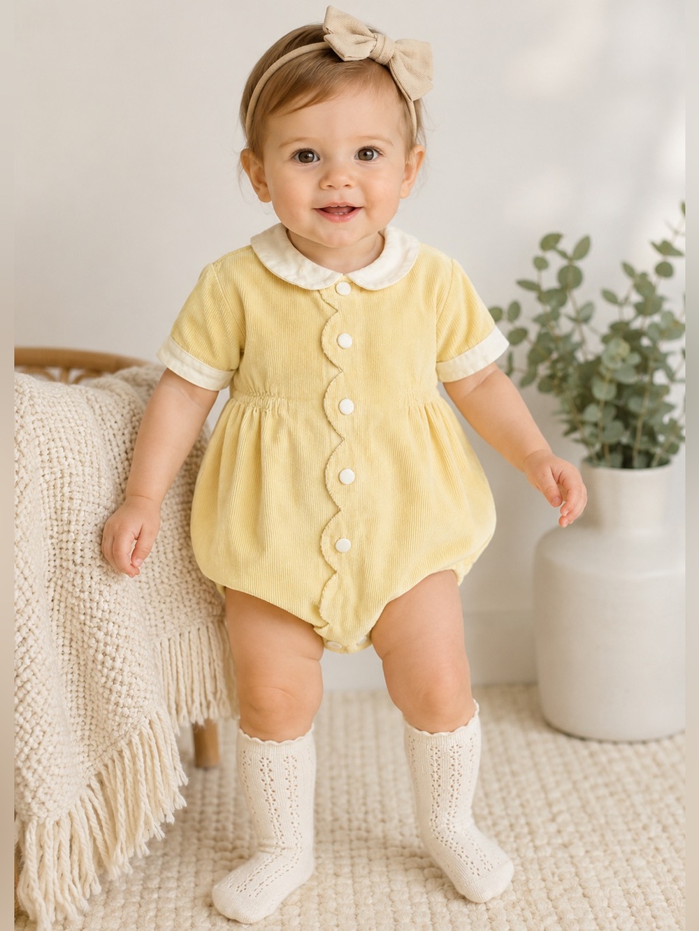 INC International Concepts Yellow Corduroy Romper with White Collar